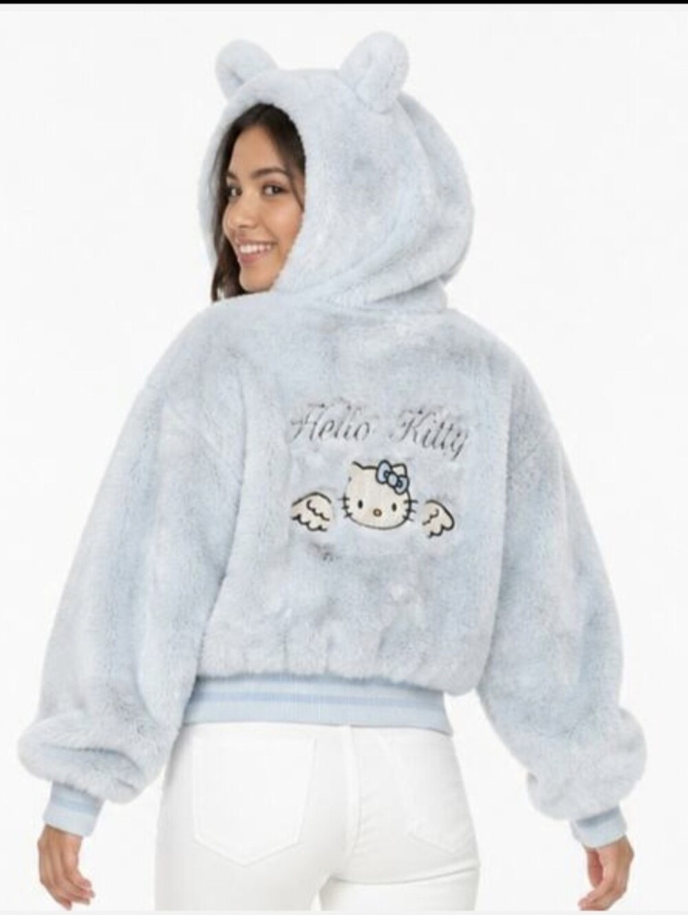 Hello Kitty X Forever 21Blue Plush Hooded Jacket with Pom-Pom Drawstrings Small